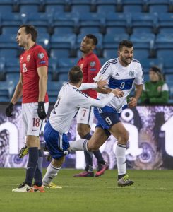 OSLO, NORWAY - OCTOBER 11: Mattia Stefanelli of San Marino celebrate goal with team during the FIFA 2018 World Cup Qualifier between Norway and San Marino at Ullevaal Stadion on October 11, 2016 in Oslo, Norway. (Photo by Trond Tandberg/Getty Images)