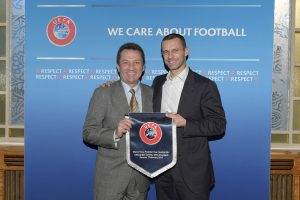 GENEVA, SWITZERLAND - FEBRUARY 01:  San Marino Football Federation (FSGC) President Marco Tura and UEFA President Aleksander Ceferin meet aside the UEFA Top Executive Programme held at the Beau-Rivage hotel on February 1, 2017 in Geneva, Switzerland. (Photo by Harold Cunningham - UEFA/UEFA via Getty Images)