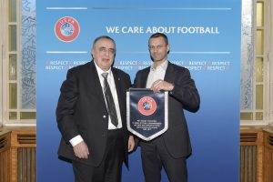 GENEVA, SWITZERLAND - FEBRUARY 01:  San Marino Football Federation (FSGC) Former President Giorgio Crescentini and UEFA President Aleksander Ceferin meet aside the UEFA Top Executive Programme held at the Beau-Rivage hotel on February 1, 2017 in Geneva, Switzerland. (Photo by Harold Cunningham - UEFA/UEFA via Getty Images)