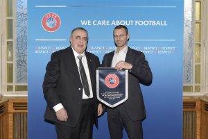 GENEVA, SWITZERLAND - FEBRUARY 01:  San Marino Football Federation (FSGC) Former President Giorgio Crescentini and UEFA President Aleksander Ceferin meet aside the UEFA Top Executive Programme held at the Beau-Rivage hotel on February 1, 2017 in Geneva, Switzerland. (Photo by Harold Cunningham - UEFA/UEFA via Getty Images)